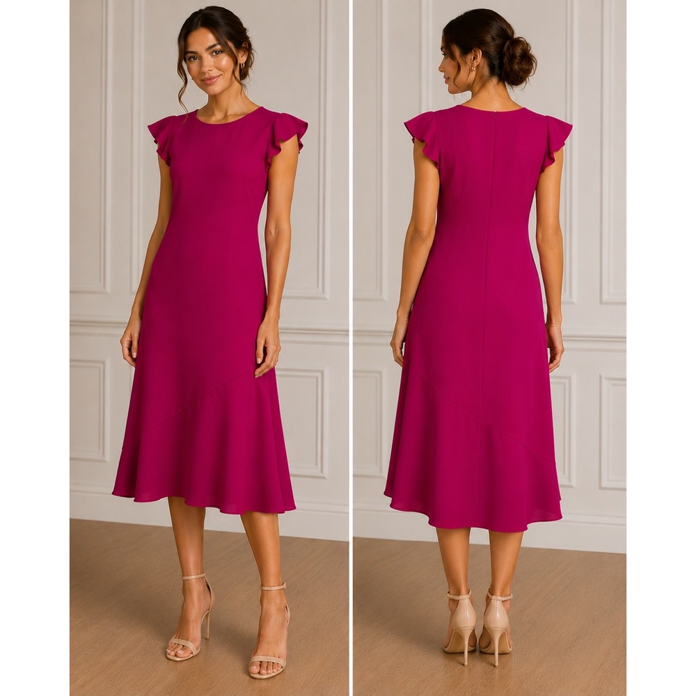 S.L. Fashions Midi Dress 18 Magenta Flutter Sleeve Asymmetrical Hem 152719E